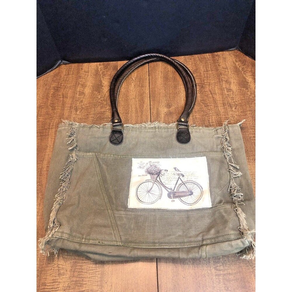Vintage Addiction Canvas Tote Faded Olive Green Boho Recycled Military